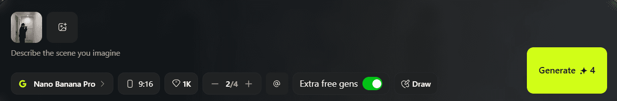 Higgsfield interface showing uploaded reference image thumbnail in the prompt area