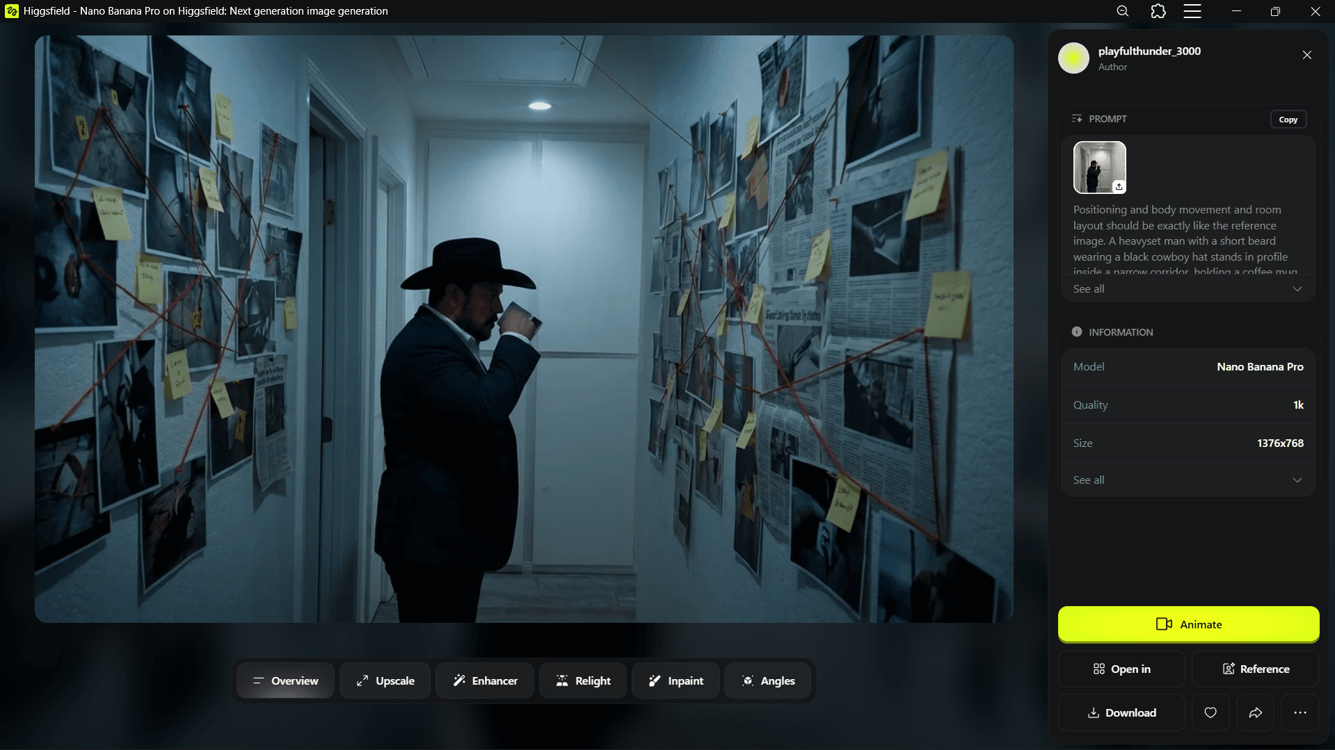Successful AI generation showing a detective in a crime scene corridor