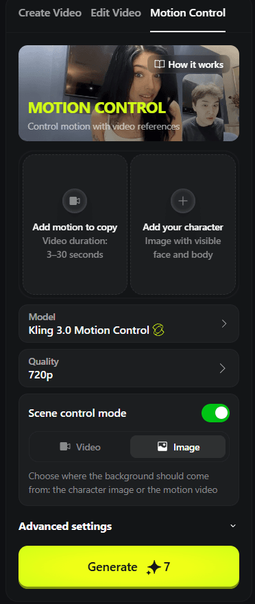Motion Control panel showing Add Motion to Copy and Add Your Character upload areas