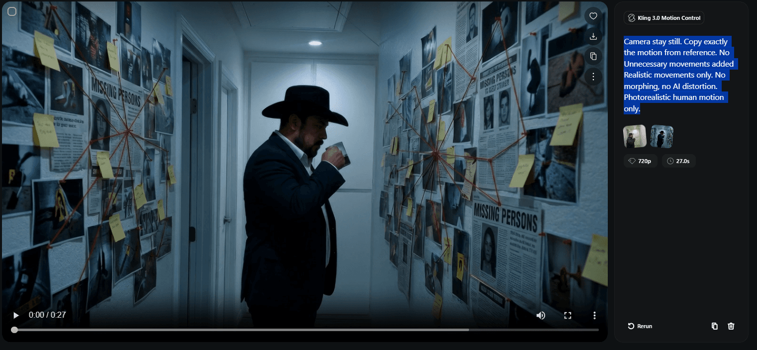 Final AI-generated cinematic video showing a detective in a moody crime scene corridor with newspaper clippings and red string on walls