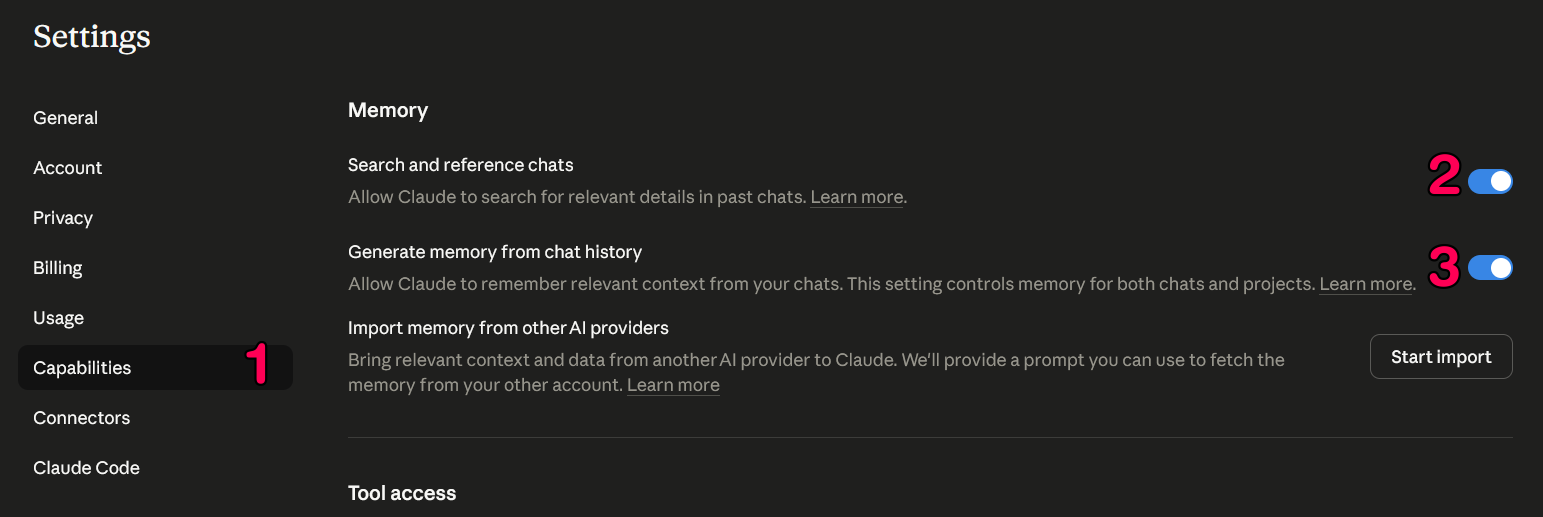 Claude Settings > Capabilities showing the Memory toggles with numbered annotations