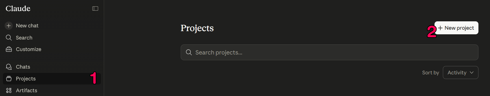 Claude sidebar showing Projects section and New Project button